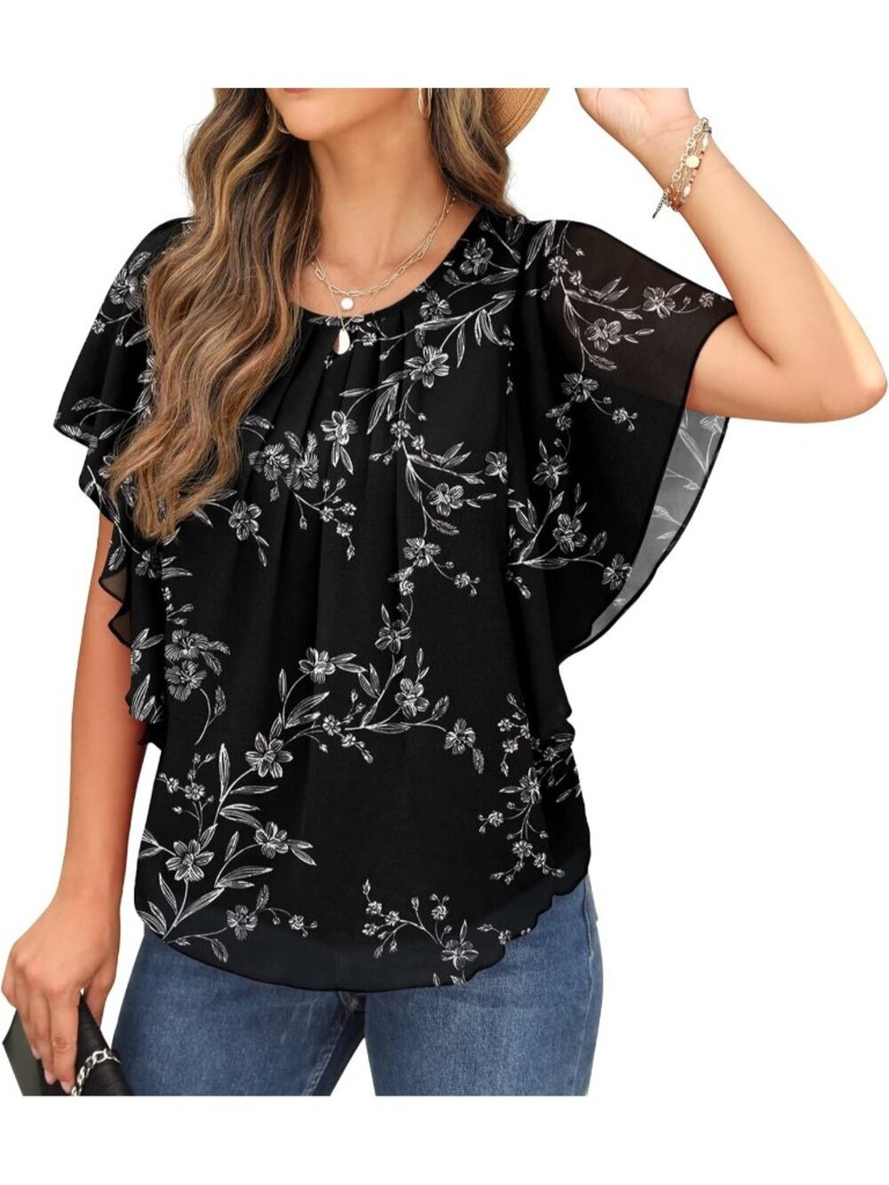 Women's Summer Casual Blouses White Leaf Loose Round Neck Chiffon Flowy Tops